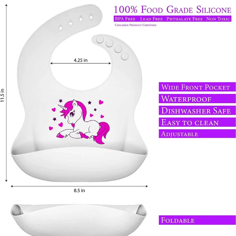 Unicorn Silicone Toddler Plate with Silicone Spoon And two baby Bibs - Picture 5 of 8